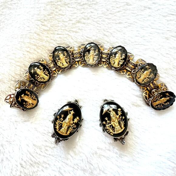 Whiting & Davis Attributed Asian Bracelet Earrings Reverse Intaglio Vintage 50s - Picture 3 of 7